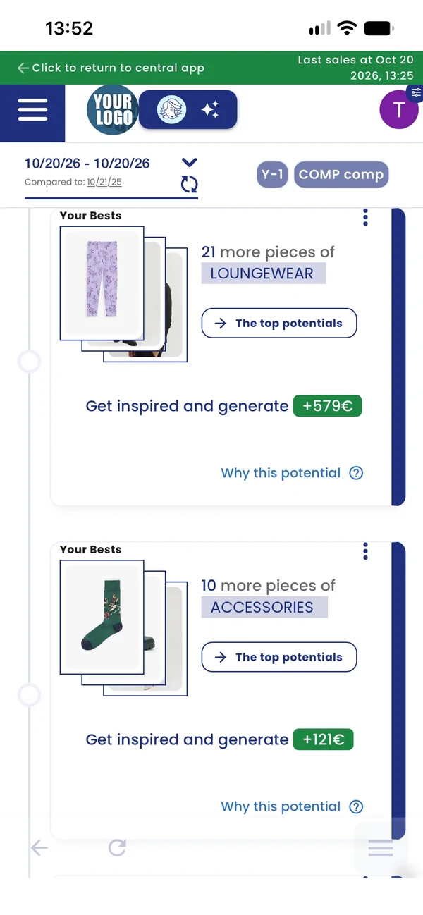 Écran de l’application nostress : actions recommandées et potentiel du magasin.