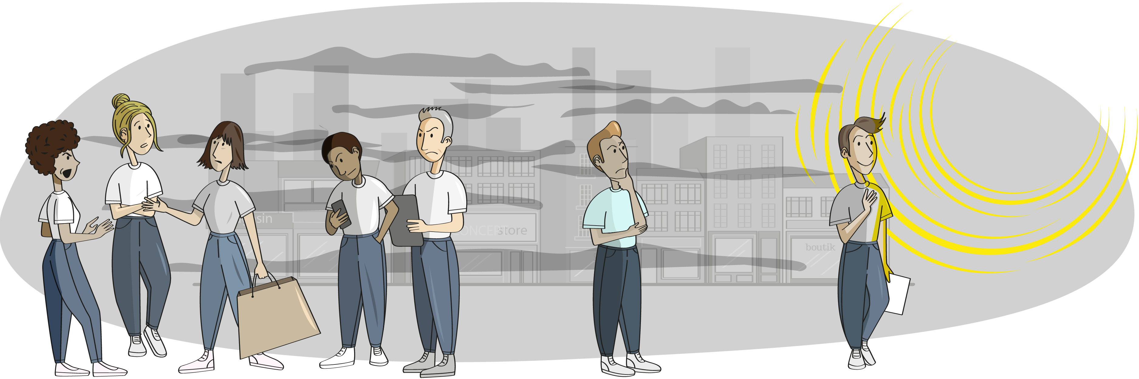 Illustration foule sous nuage d’informations
